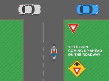 Güvenli sürüş ipuçları ve trafik kuralları. Yol işareti hemen önümüzde. Kavşağa yaklaşan motorsikletin üst görüntüsünde 