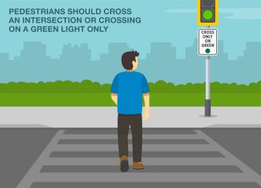 Güvenli sürüş ipuçları ve trafik kuralları. Sadece yeşil ışıkta geç. Karşıdan karşıya geçen bir erkek yayanın arka görüntüsü. Düz vektör resimleme şablonu.