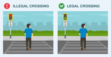 Yaya güvenlik kuralları ve bahşişler. Yasal ve yasa dışı sokak geçişi. Sadece yeşilde çapraz. Yaya geçidindeki erkek yayanın arka görüntüsü. Düz vektör resimleme şablonu.