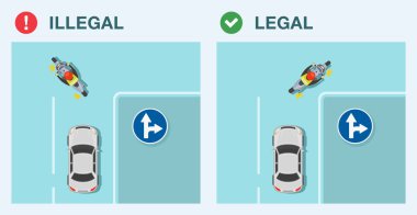 Güvenli sürüş ipuçları ve trafik kuralları. Yasal ve yasa dışı yoldan. Düz git ya da Avrupa işaretinden sağa dön. Kavşaktaki motosikletin üst görüntüsü. Düz vektör resimleme şablonu.