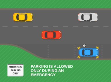 Güvenli sürüş ipuçları ve trafik kuralları. Otobanda bozuk bir arabanın üst görüntüsü. 