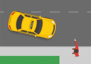 Şoför ipuçları ve trafik kuralları. Yol kenarında otostop. Erkek karakter taksiye yetişmeye çalışıyor. Üst Manzara. Düz vektör resimleme şablonu.