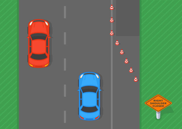 Traffic regulation rules and tips. Right shoulder closed area. Top view of a traffic flow on highway. Flat vector illustration template.