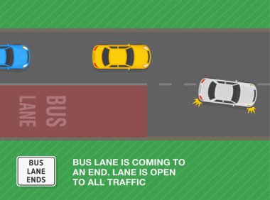 Güvenli sürüş ipuçları ve trafik kuralları. Otobüs şeridi tabelası. Sağ şeride giren bir arabanın üst görüntüsü. Lane tüm trafiğe açık. Düz vektör resimleme şablonu.