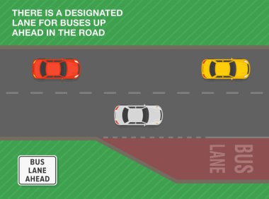 Güvenli sürüş ipuçları ve trafik kuralları. Otobüs şeridi tabelası. Üç şeritli yoldaki bir araba akıntısının üst görüntüsü. Otobüsler için belirlenmiş şerit. Düz vektör resimleme şablonu.