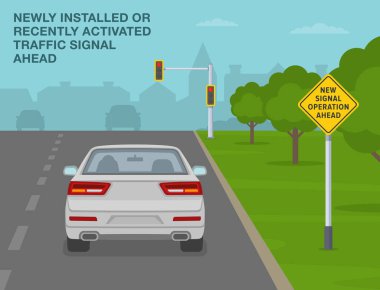 Güvenli sürüş ipuçları ve trafik kuralları. Yeni trafik ışıklarına yaklaşan bir arabanın arka görüntüsü. 