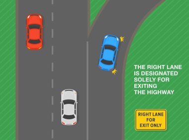 Güvenli sürüş ipuçları ve trafik kuralları. Çıkış için sağ şerit sadece işaret. Otoyoldaki trafik akışının en üst görüntüsü. Otobandan çıkmak için belirlenmiş şerit. Düz vektör resimleme şablonu.