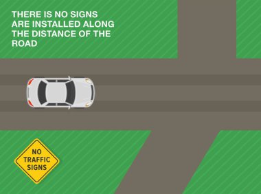 Güvenli sürüş ipuçları ve trafik kuralları. Trafik işaretleri yok. Kırsal bir yolda beyaz bir sedan arabanın üst görüntüsü. Mesafe boyunca hiçbir tabela yerleştirilmedi. Düz vektör resimleme şablonu.
