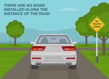 Güvenli sürüş ipuçları ve trafik kuralları. Kırsal bir yolda beyaz bir sedan arabanın arka görüntüsü. Yol boyunca hiçbir tabela yerleştirilmedi. Düz vektör resimleme şablonu.