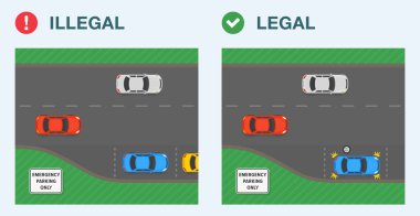 Güvenli sürüş ipuçları ve trafik kuralları. Acil durum otoparkında yasal ve yasadışı park yeri. Trafik akışının üst görüntüsü. Düz vektör resimleme şablonu.