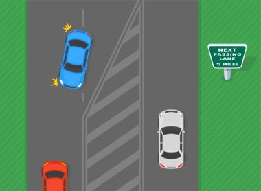 Trafik kuralları ve bahşişler. Sonraki şerit 5 mil sonra. Üç şeritli otobandaki trafik akışının üst görüntüsü. Düz vektör resimleme şablonu.