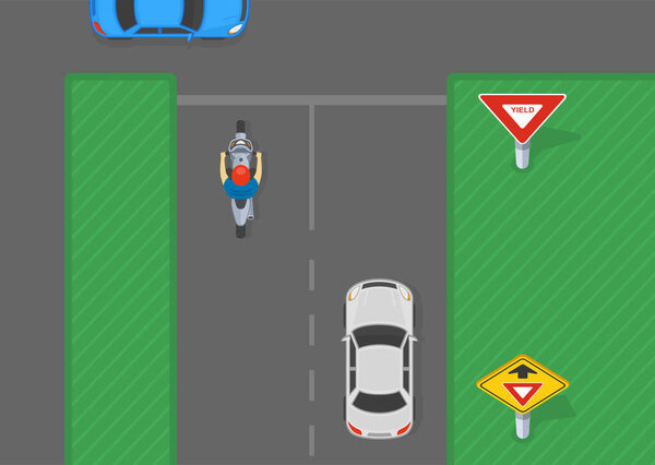 Traffic regulation rules and tips. "Yield ahead" sign. Car and motorcycle approaching the T-intersection with yield sign. Top view. Flat vector illustration template.
