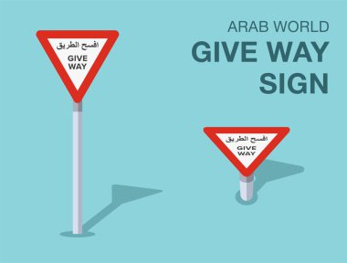 Trafik yönetmeliği kuralları. İzole olmuş Arap dünyası yol tabelası. Ön ve üst manzara. Düz vektör resimleme şablonu.