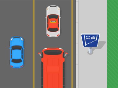 Trafik kuralları ve direksiyon ipuçları. Caddedeki otobüs şeridi olan bir trafik akışının üst görüntüsü. Otobüs ve taksi şeridi BAE 'de tabelaya başlıyor. Düz vektör resimleme şablonu.