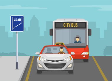 Trafik kuralları ve direksiyon ipuçları. Caddede otobüs şeridi olan bir trafik akışının ön görüntüsü. Otobüs ve taksi şeridi BAE 'de tabelaya başlıyor. Düz vektör resimleme şablonu.