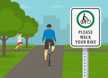 Trafik yönetmeliği kuralları. Bisikletçinin bisiklet sürmesinin yasak olduğu parkta bisiklet sürüşünün arka görüntüsü. 