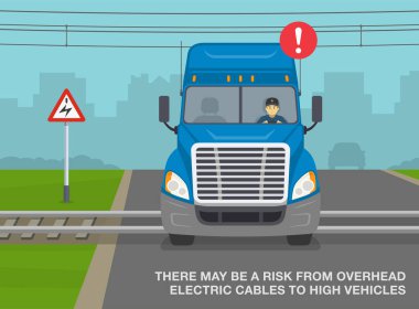Güvenli sürüş ipuçları ve trafik kuralları. Kablolar tabelasının olduğu yerde. Elektrik hatlarına takılan bir kamyonun ön görüntüsü. Düz vektör resimleme şablonu.