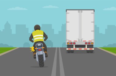 Trafik yönetmeliği kuralları. Bir motosiklet sürücüsünün çift katı çizgileri geçerek otoyolda bir kamyonu geçişinin arka görüntüsü. Düz vektör resimleme şablonu.
