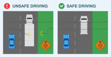 Güvenli sürüş ipuçları ve trafik kuralları. Tepedeki elektrik hatlarının altında güvenli ve tehlikeli sürüş. Kamyon ve minibüsün üst görüntüsü yolda. Düz vektör resimleme şablonu.