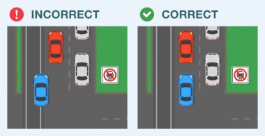 Güvenli sürüş ipuçları ve trafik kuralları. Doğru ve yanlış sürüş. Araçların raylarda sürmesine izin verilmez. Trafik akışının en üst görüntüsü. Düz vektör resimleme şablonu.
