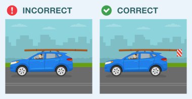Güvenli sürüş ipuçları ve trafik kuralları. Doğru ve yanlış sürüş. Bir aracın çatısında yük taşıyorum. Keresteli arabanın yan görüntüsü. Düz vektör resimleme şablonu.