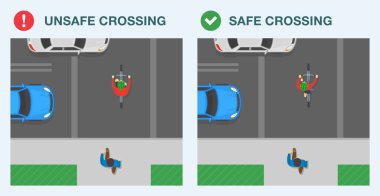 Güvenli sürüş ipuçları ve kurallar. Güvenli ve güvensiz bir yol geçidi. Atından in ve bisikletinle yürü. Bisikletçinin bisikletle caddeden karşıya geçişi. Düz vektör resimleme şablonu.