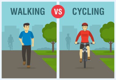 Yürüme bisiklete karşı: hangisi daha iyi. Fitness egzersizi. Yürüyen bir erkek karakter ve bisiklet sürücüsünün ön görüntüsü. Düz vektör resimleme şablonu.