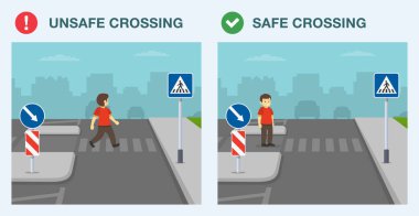 Yaya güvenlik kuralları ve bahşişler. Güvenli ve güvensiz bir yol geçidi. Zebra merkez adayla kesişiyor. Yaya geçidinden karşıya geçen bir çocuk. Düz vektör resimleme şablonu.