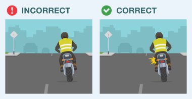 Güvenli sürüş ipuçları ve kurallar. Güvenli ve güvensiz motosiklet sürüşü. Kavşaktan sola dönmenin arka görüntüsü. Sinyalini aç. Düz vektör resimleme şablonu.