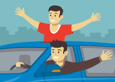 Sunroof 'tan sarkan pervasız yolcunun yakın çekimi ve sürücü elini hareket halindeki aracın camından dışarı çıkarıyor. Düz vektör resimleme şablonu.