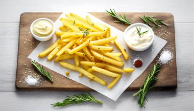 Fırında patates kızartması, mayonez, tuz, biber ve biberiye. Mayonezli patates kızartması..