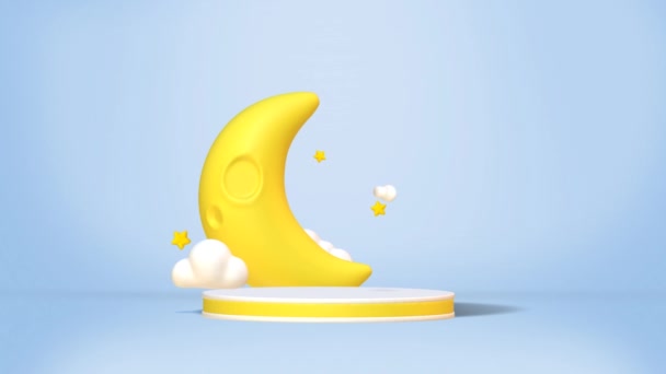 表彰台カラフルな円と白い雲のアニメーションでかわいい3D三日月をループ — ストック動画