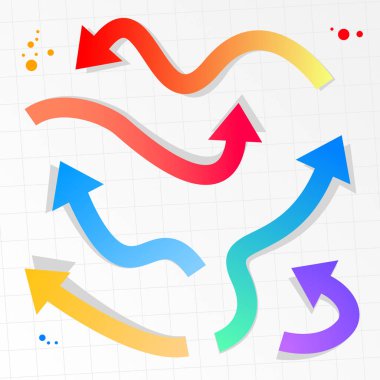 ok vektör simgeleri ayarlandı. Ok izi simgeleri. Tasarım kullanımı için vektör soyut oklar. Düz ok simgeleri veya sembolleri vektör illüstrasyonu. Renkli ok sembolleri. ok gradyan rengi.