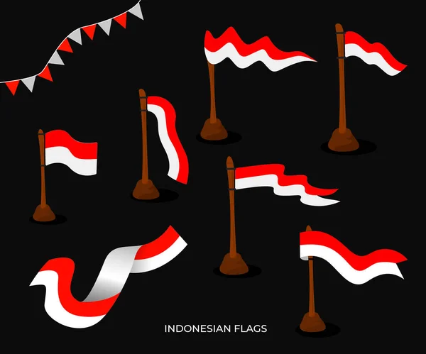 印度尼西亚国旗 印度尼西亚红 白国旗和国旗的矢量集 印度尼西亚国旗带矢量集 — 图库矢量图片