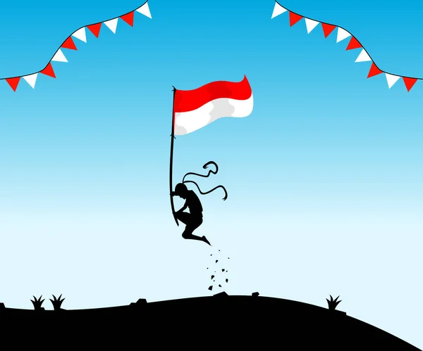 Silhuett Person Gunga Indonesiska Självständighetsdagen Koncept Augusti Glad Indonesien Självständighetsdagen — Stock vektor