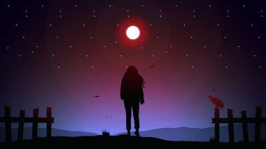 Geceleri yürüyen bir kadının silueti, güzel gökyüzünün altında yürüyen bir kadın, geceleri gökyüzü