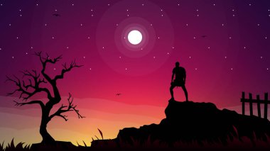 Dağlarda bir insanın silueti, gezginler sırt çantasıyla tırmanır, yürüyüş için sırt çantasıyla gezer, günbatımı arka planı, dağcı geçmişi