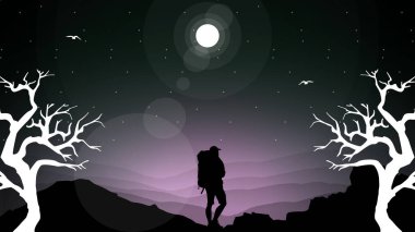 Gezginler sırt çantasıyla dağlarda bir insanın silueti yürüyüş silueti vektörü olarak sırt çantasıyla dağlara tırmanırlar.