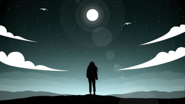 Gecenin içinde bir insanın silueti, gece yürüyen bir kadının silueti, güzel gece gökyüzünün altında yürüyen bir kadın, gece gökyüzünde