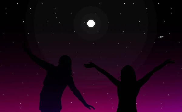 Silhouette Woman Night Freedom Woman Walpaper Night Sky Stars Freedom — Stock Vector