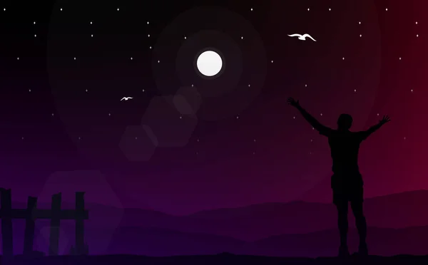 Силуэт Человека Ночи Вольный Бумажник Ночное Небо Звездами Свобода — стоковый вектор