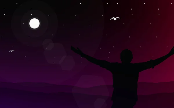 Silhouette Person Night Freedom Man Walpaper Night Sky Stars Freedom — Stock Vector