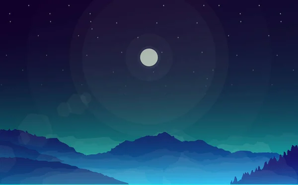 Иллюстрация Пейзажа Горами Ночной Пейзаж Футуристический Ночной Пейзаж Горой Туман — стоковый вектор