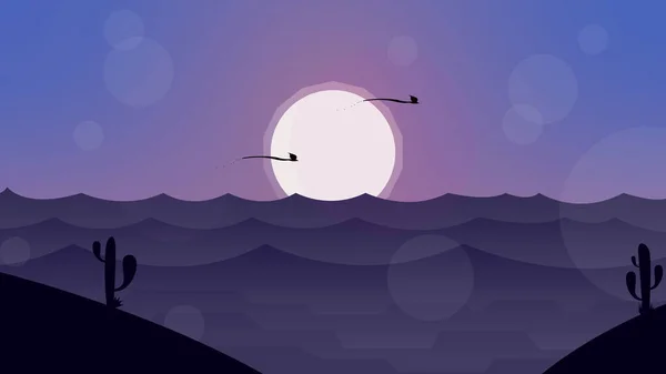 Paysage Désertique Avec Des Oiseaux Lune Paysage Plat Désert Par — Image vectorielle
