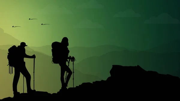 山の中の人のシルエット男と女のハイキングリュックを持って山の中の男と女のハイキング — ストックベクタ
