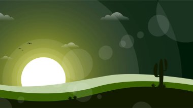 Çöl manzarası. Doğa geçmişi. 4k masaüstü Walpaper. Kaktüslü çöl. Gece manzarası arka planı. Ay ve yıldızlı manzara.