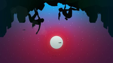 Aşırı kaya tırmanıcı arka planı. Arka planda dağlarla bir uçuruma tırmanan biri. Masaüstü için dağcı duvar kağıdı. Bir kaya tırmanıcısının silueti. Kaya tırmanıcısı.