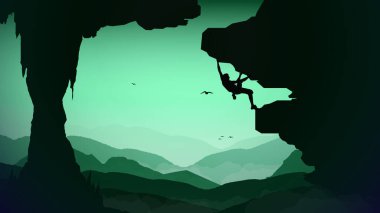 Aşırı kaya tırmanıcı arka planı. Arka planda dağlarla bir uçuruma tırmanan biri. Masaüstü için dağcı duvar kağıdı. Bir kaya tırmanıcısının silueti. Kaya tırmanıcısı.