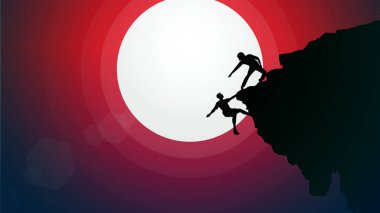 Arka planda dağlarla bir uçuruma tırmanan biri. Masaüstü için dağcı duvar kağıdı. Bir kaya tırmanıcısının silueti. Aşırı kaya tırmanıcı arka planı. Arkadaşına yardım eden bir kişinin resmi.