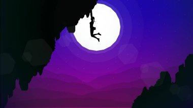 Arka planda dağlarla bir uçuruma tırmanan biri. Masaüstü için dağcı duvar kağıdı. Bir kaya tırmanıcısının silueti. Kaya tırmanışçısı. Aşırı kaya tırmanıcı arka planı. Ay 'la manzara.